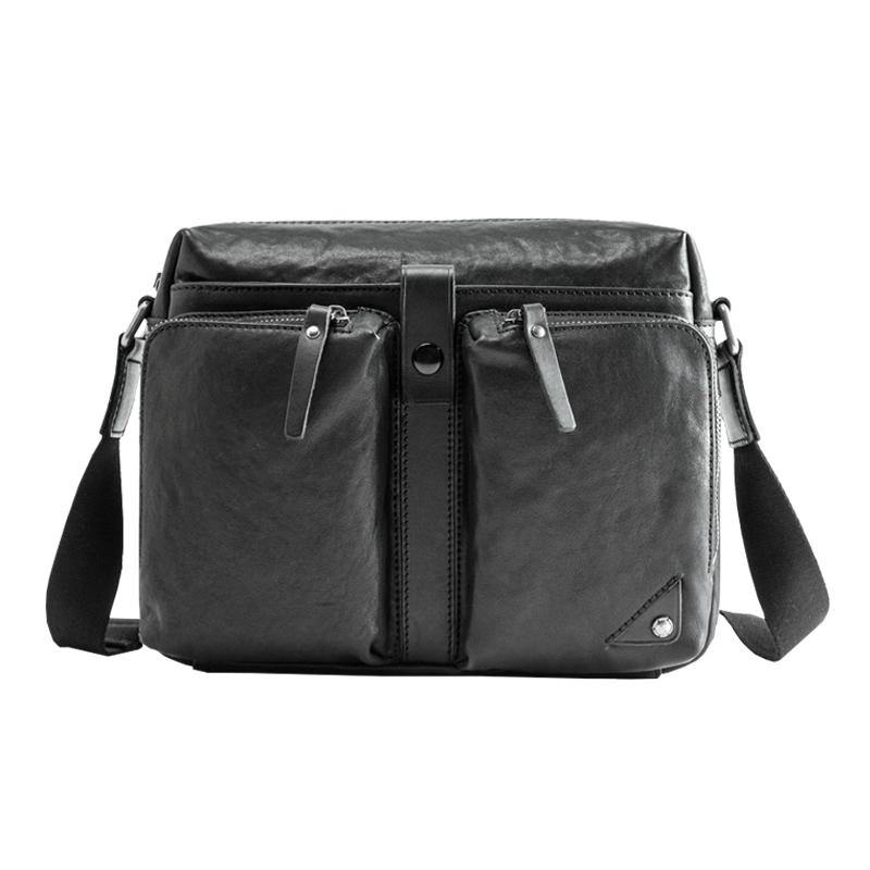 Black Cool Leather Mens 13 inches Side Bag Messenger Bags Black Courier Bags Postman Bag for Men