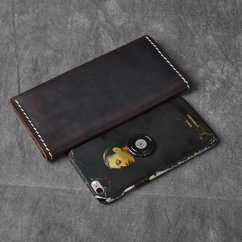 Dark Brown Leather Mens Long Wallet Bifold Brown Clutch Long Wallet For Men