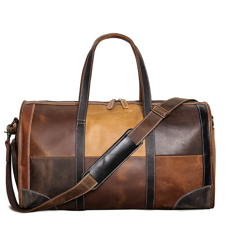 Leather Mens Travel Bag Color Blocks Weekender Bag Barrel Duffle Bag Overnight Bag for Men