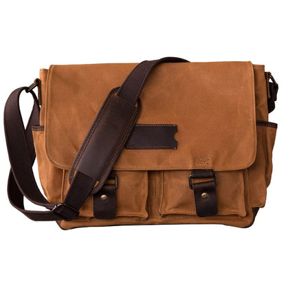 Canvas Leather Mens Large Khaki Side Bag 14'' Brown Messenger Bag Shoulder Bag For Men