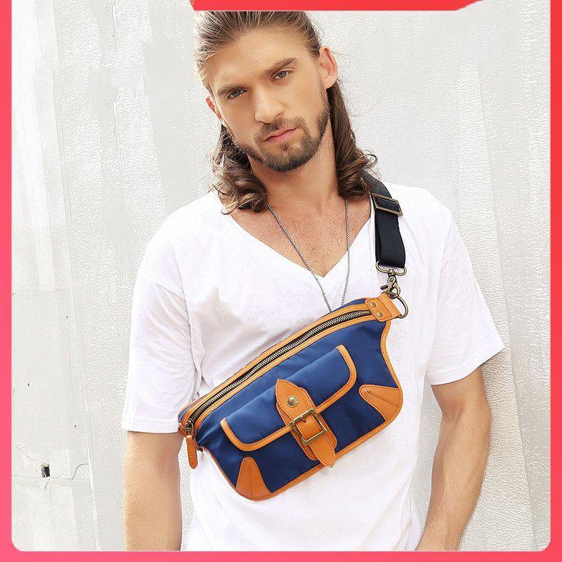 Casual Blue Nylon Leather Fanny Pack Men's Chest Bag Hip Bag Waist Bag For Men