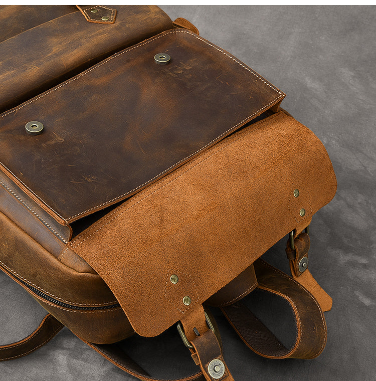 Cool Leather Mens 15' Brown Hiking Backpack Travel Backpack Laptop College Backpack for Men