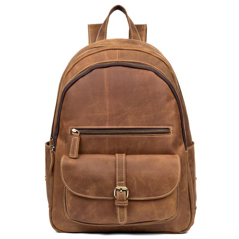 Fashion Brown Mens Leather 14-inch Large Laptop Backpacks Brown Travel Backpacks School Backpack for men