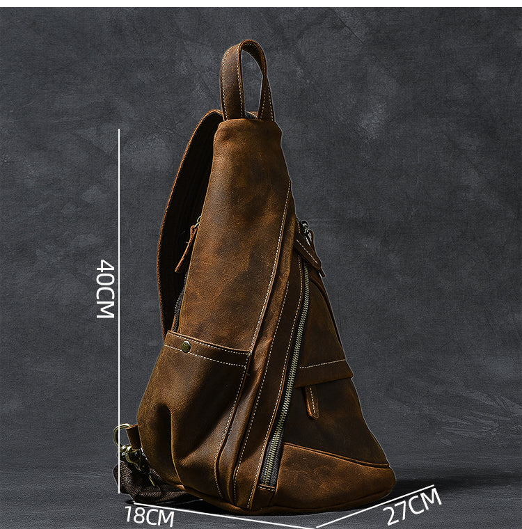 Vintage Leather Mens 16' Backpack Sling Bag Brown Chest Bag One Shoulder Backpack for Men