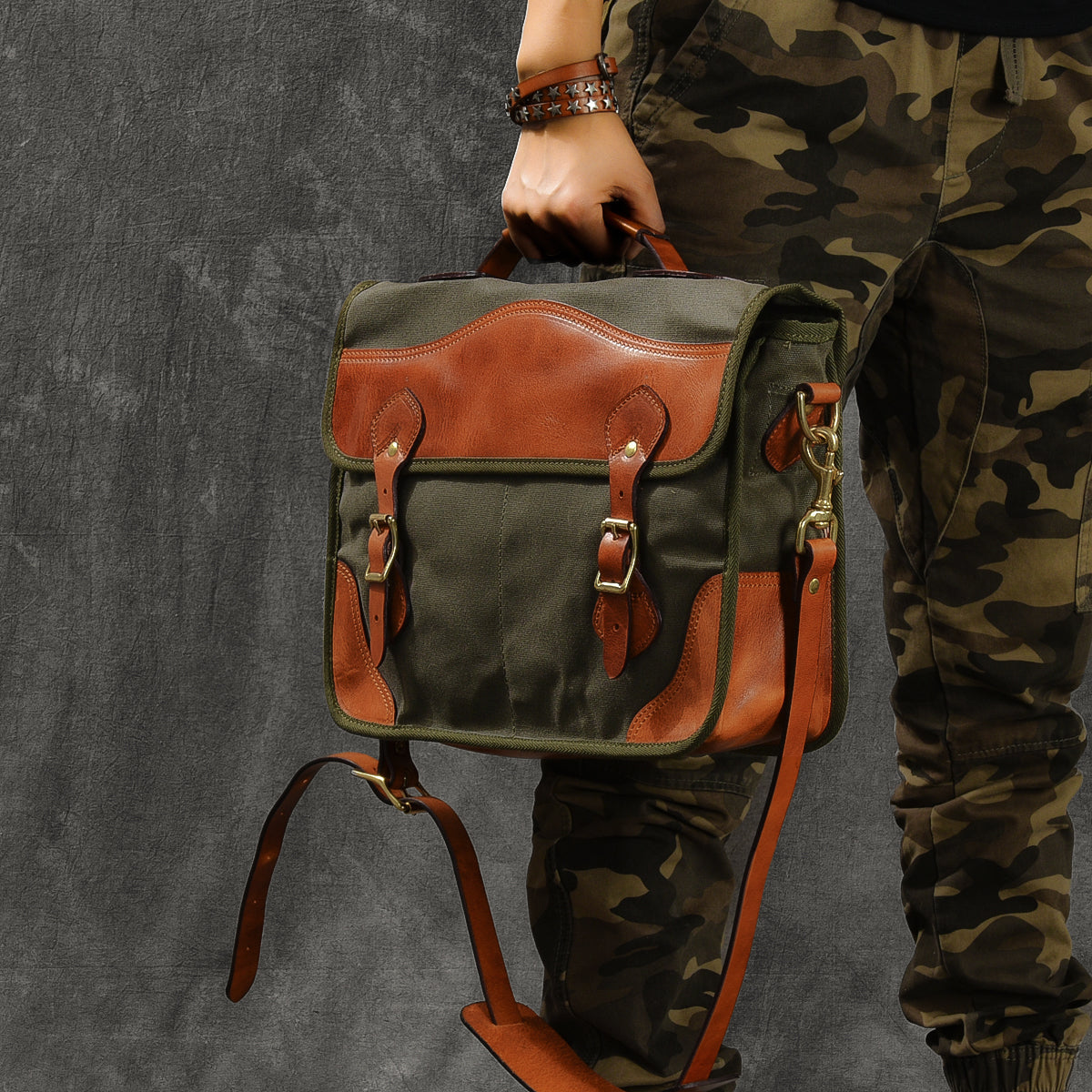 Canvas Leather Mens 14¡®¡¯ Army Green Briefcase Side Bag Retro Messenger Bag Shoulder Bag For Men