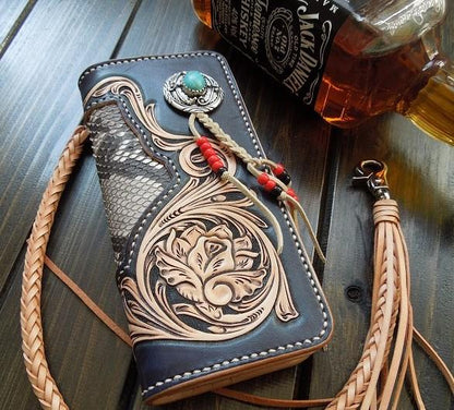 Handmade Leather Tooled Floral Mens Clutch Wallet Cool Wallet Long Wallets for Men