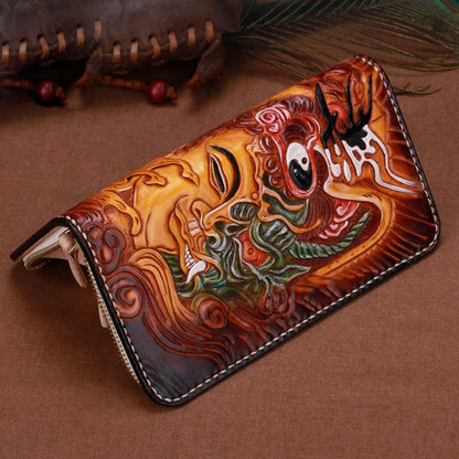 Handmade Leather Mens Clutch Wallet Cool Buddha&Demon Tooled Wallet Long Zipper Wallets for Men