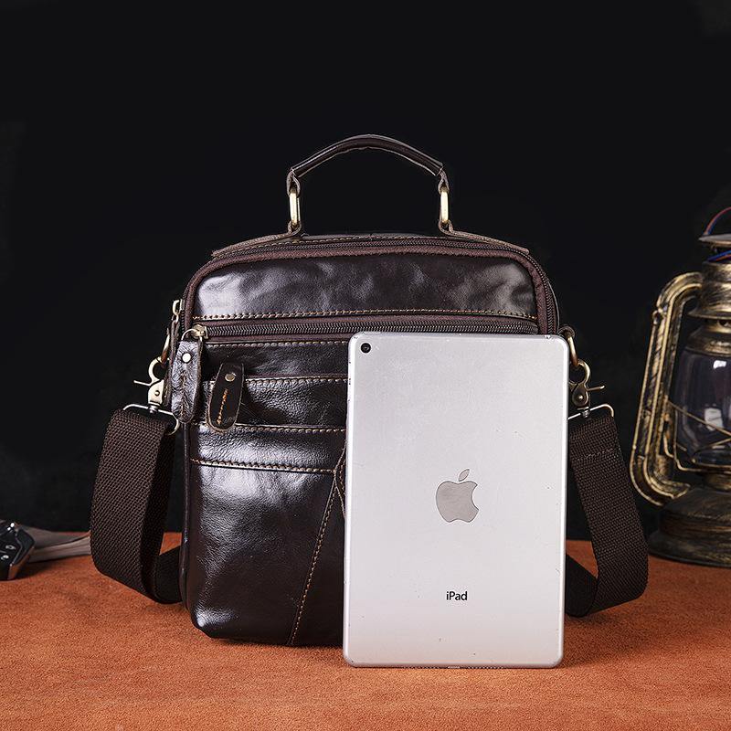 Coffee LEATHER MEN'S Small Vertical Side Bag Messenger Bag Coffee Briefcase Handbag FOR MEN