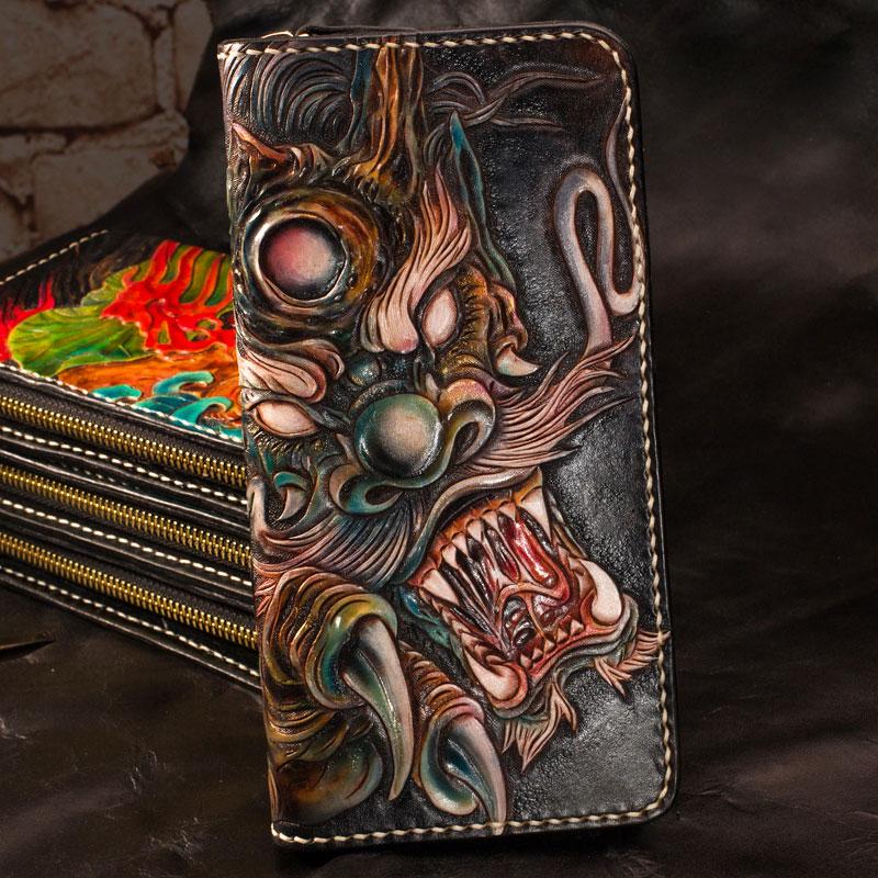 Handmade Leather Mens Clutch Wallet Cool Chinese Dragon Tooled Wallet Long Zipper Wallets for Men