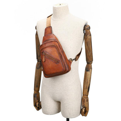 Vintage Brown Leather Men's Sling Bags Chest Bag Brown Sling Pack Sling Backpack For Men