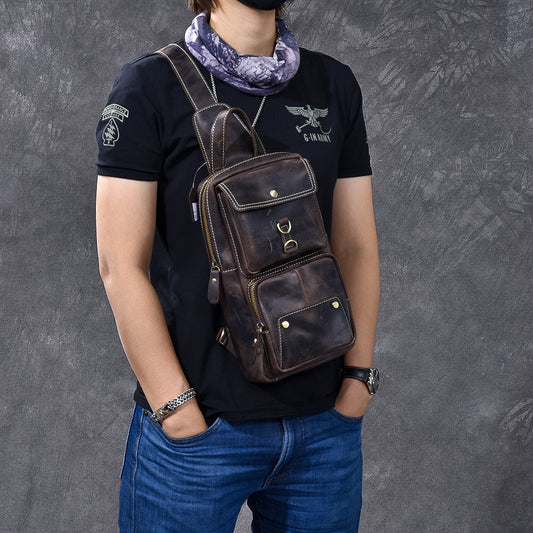 Cool Leather Mens 8' Brown Vintage Sling Bag Chest Bag One Shoulder Backpack for Men