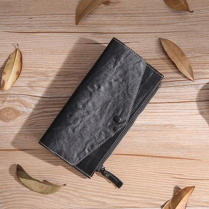 Casual Black Leather Men's Long Wallet Bifold Black Checkbook Wallet Clutch For Men