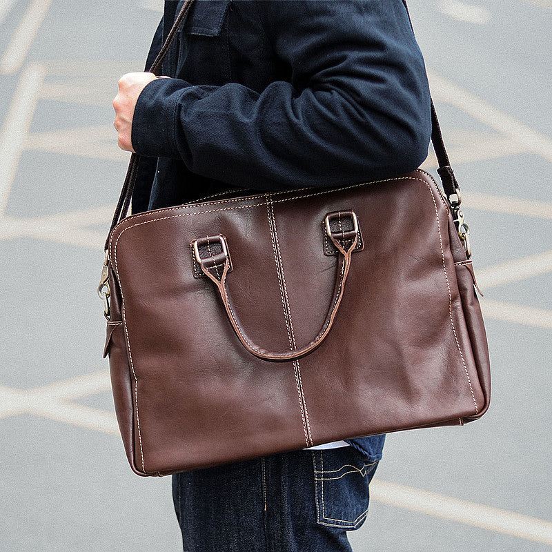 Vintage Brown Mens Leather Briefcase Work Handbag Dark Coffee 14'' Computer Briefcase For Men