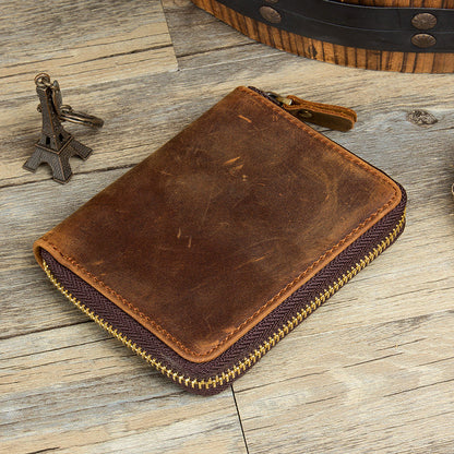 Brown Cool Leather Mens billfold Wallet Zipper Trifold Card Small Wallet for Men