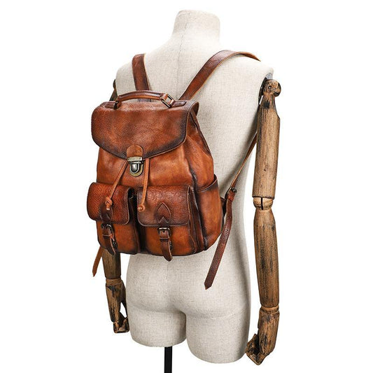 Casual Brown Mens Leather 13 inches School Backpack Satchel Backpack Brown Computer Backpack For Men