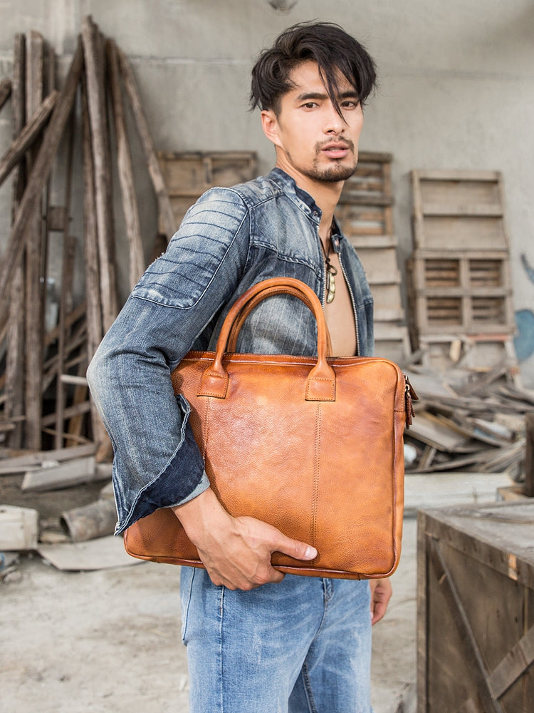 Vintage Brown Leather Mens 14 inches Briefcase Work Side Bag Brown Laptop Briefcase Business Bag for Men