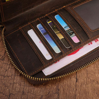 Cool Leather MensLong Wallet Double Zipper Clutch Wallet Wristlet Wallet