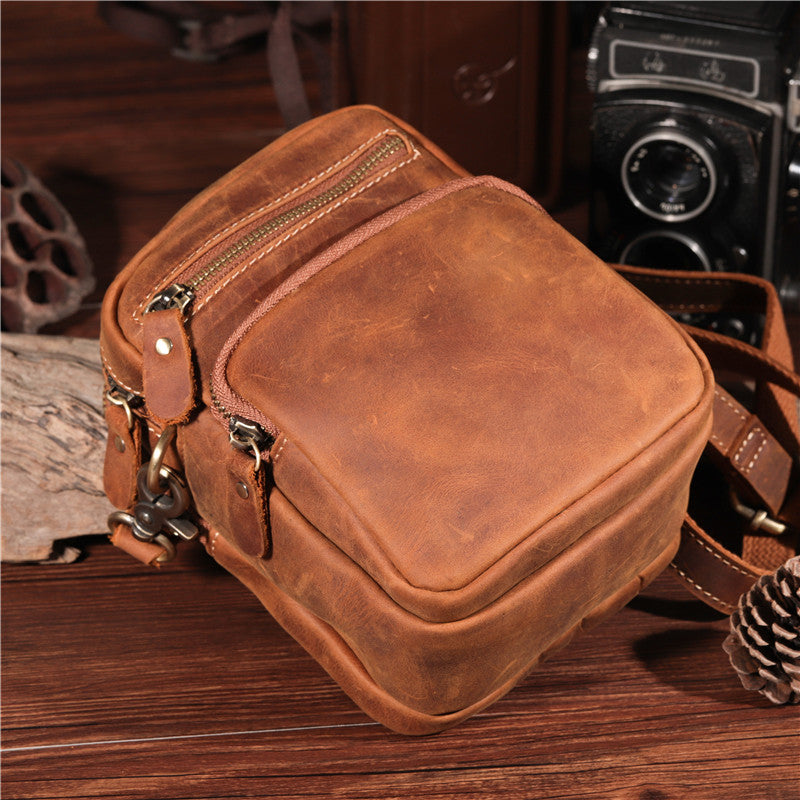 Vintage Brown Leather Men's Belt Pouches Cell Phone Holsters Mini Side Bag For Men