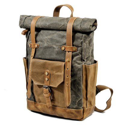 Cool Canvas Leather Mens Green Large Waterproof Travel Backpack Computer Hiking Backpack for Men