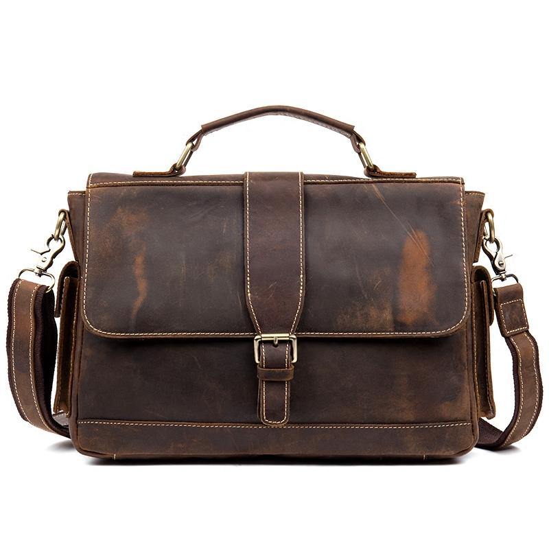 Cool Dark Brown Leather Mens 14 inches Briefcase Laptop Bags Business Side Bag Work Bag for Men