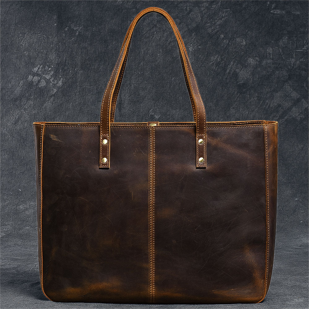 Leather Mens Womens 14' Large Tote Shoulder Bag Vintage Brown Tote Bag Large Side Bag For Men