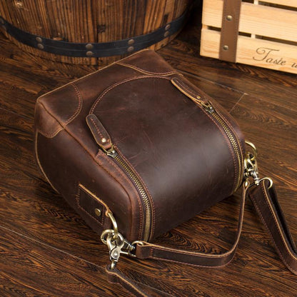 Dark Brown Leather Mens Small SLR Camera Bag Shoulder Bag Messenger Bag For Men