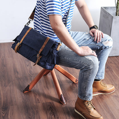 Waxed Canvas Leather Mens Waterproof 10'' Side Bag Courier Bag Blue Messenger Bag For Men