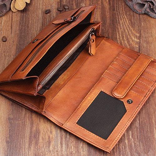 Handmade Leather Mens Cool Long Leather Wallet Bifold Clutch Wallet for Men