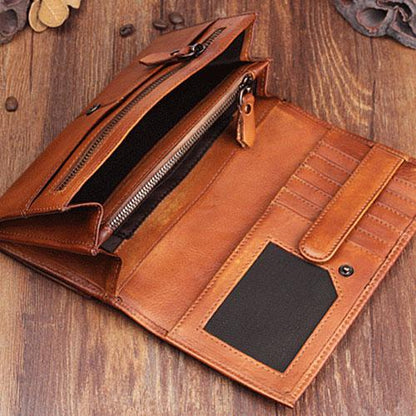 Handmade Leather Mens Cool Long Leather Wallet Bifold Clutch Wallet for Men