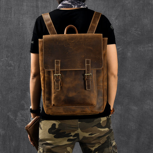 Brown Leather Mens 14' Laptop Backpack Hiking Backpack Travel Backpack College Bag for Men