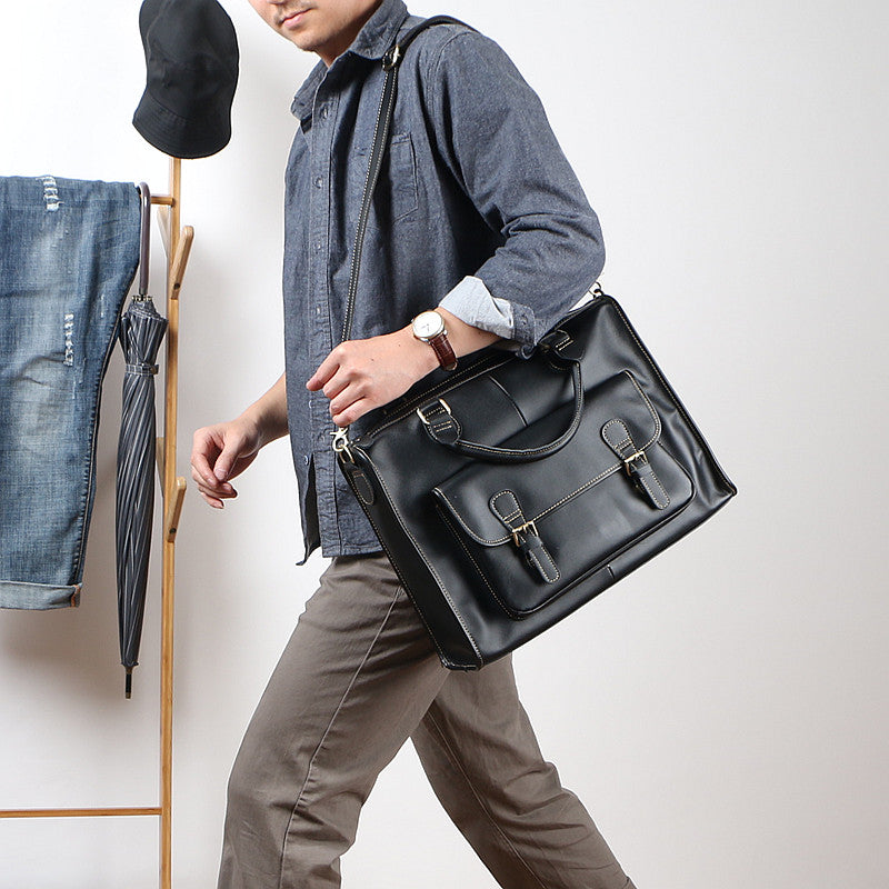 Handmade Black Mens Leather Briefcase Work Handbag Dark Brown 14'' Computer Briefcase For Men