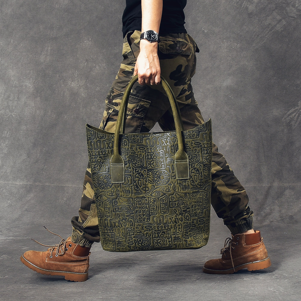 Leather Mens Womens 14' Large Shoulder Bag Dark Green Tote Bag Large Side Bag For Men