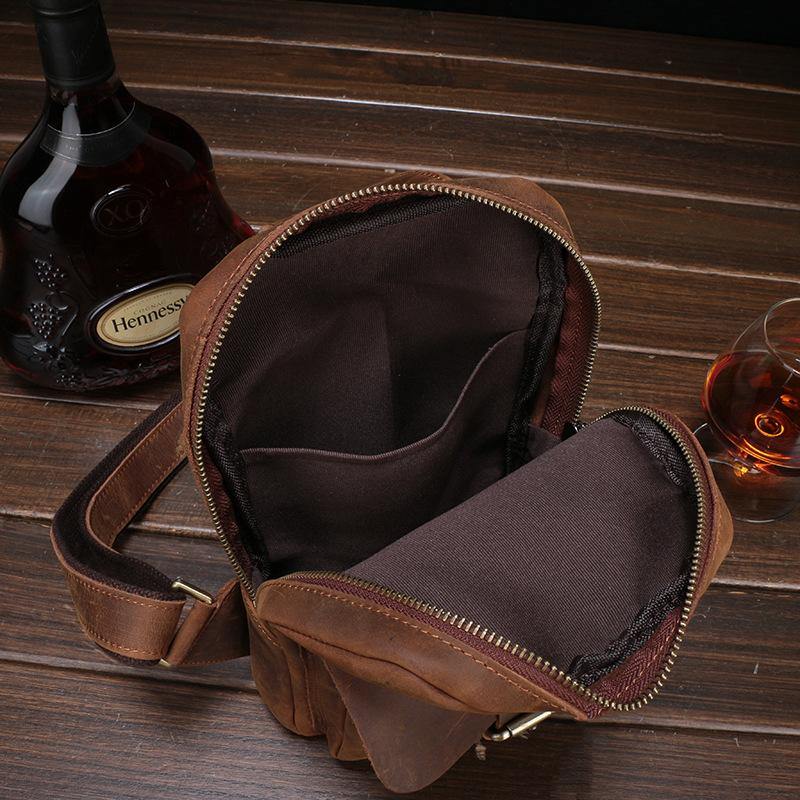 Brown Cool LEATHER MENS Sling Bags One Shoulder Backpack Dark Coffee Chest Bag For Men