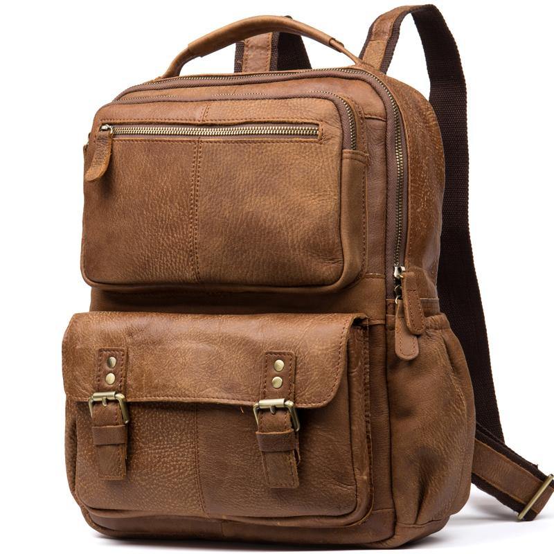 Casual Brown Leather Mens 14 inches Travel School Backpacks Computer Backpack for Men