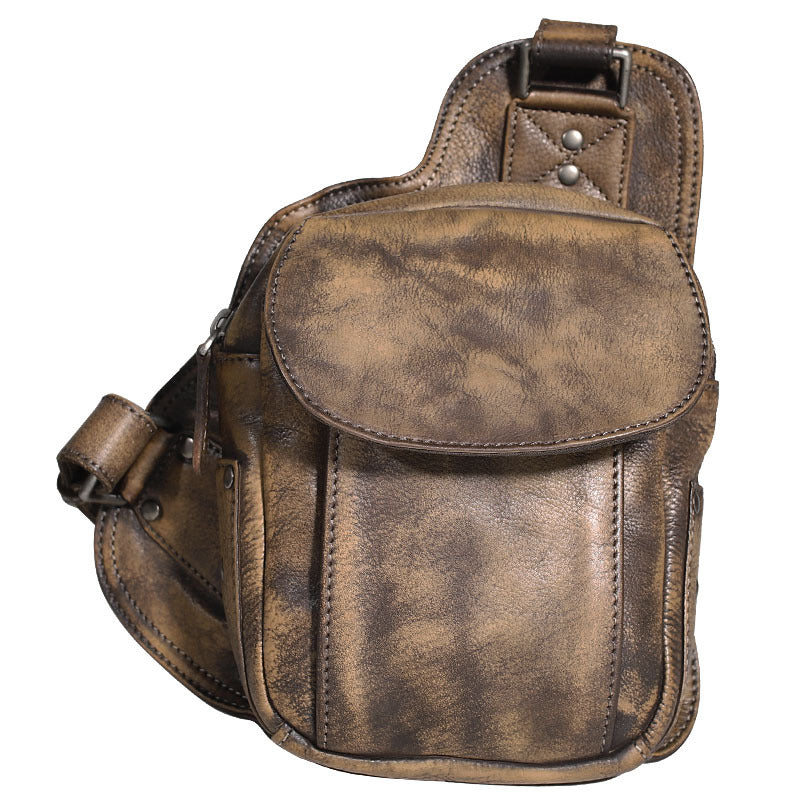 Brown MENS Vintage LEATHER Sling Bag Chest Bag Gray One Shoulder Backpack For Men