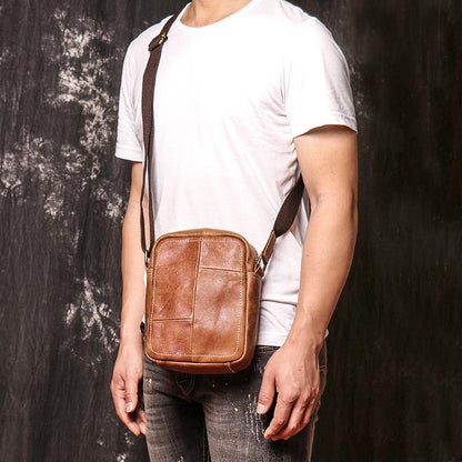 Brown Leather Vertical Messenger Bag Men's Small Side Bag Mini Phone Bag Courier Bag For Men