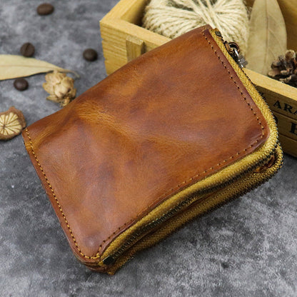 Brown Leather Men's Yellow Zipper Camel Small Wallet Bifold billfold Card Wallet For Men