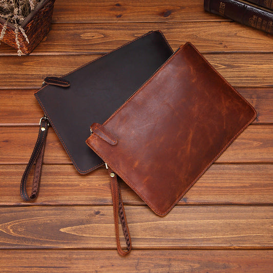 Vintage Brown Leather Men's Wristlet Bag Clutch Bag Mini File Bag For Men