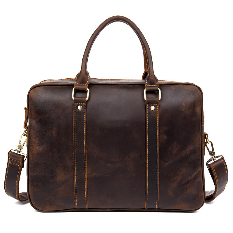 Brown Leather Mens 14 inches Briefcase Laptop Bag Navy Business Bags Work Bag for Men