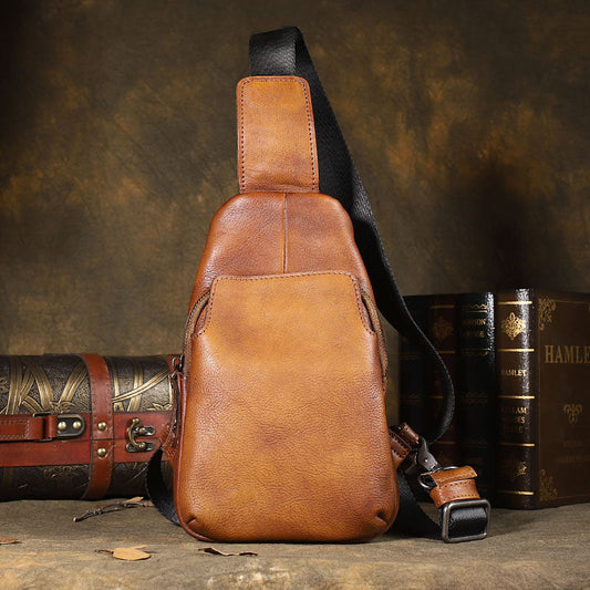 Handmade Brown Leather Mens Sling Bag One Shoulder Backpack Chest Bag for men