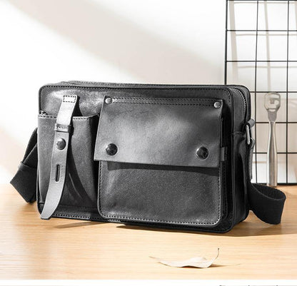 Black Cool Leather Mens 10inches Courier Bag Postman Bag Black Messenger Bags Side Bag for Men