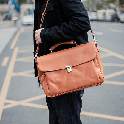 Vintage Light Brown Mens Leather Briefcase Work Handbags Brown 14'' Computer Briefcase For Men