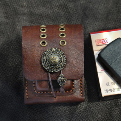 Cool Handmade Brown Leather Mens Zippo Cigarette Case with Lighter Holder Belt Loop for Men