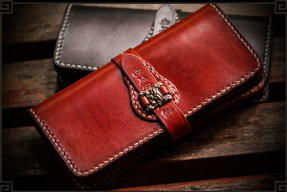 Handmade Leather Men Tooled Chinese Lion Cool Leather Wallet Long Phone Wallets for Men