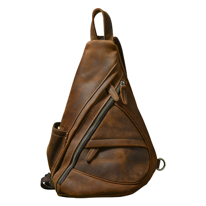 Vintage Leather Mens 16' Backpack Sling Bag Brown Chest Bag One Shoulder Backpack for Men