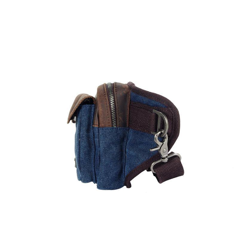 Navy Blue Canvas Leather Fanny Pack Men's Brown Chest Bag Canvas Sling Hip Bag Waist Bag For Men