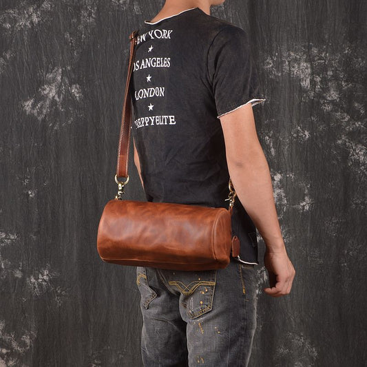 Light Brown Leather Mens Barrel Shoulder Bag Side Bag Messenger Bag For Men