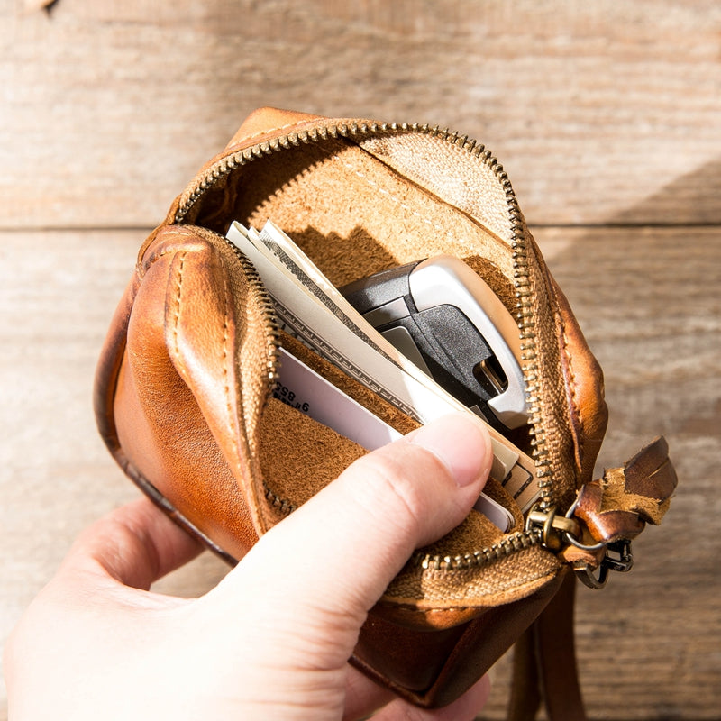 Brown Leather Mens Small Key Case Black Key Holder Coin Purse Card Holder For Men