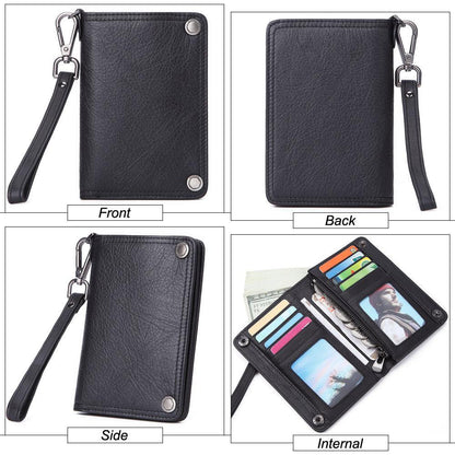 Small Mens Chain Wallet Leather Bifold Wallet Vertical Wristlet Wallet For Men