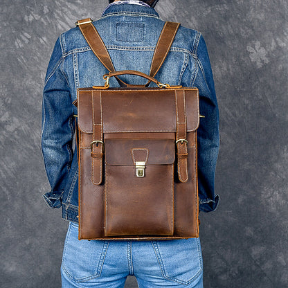 Leather Mens 14' Brown Laptop Backpack Side Bag Backpack College Backpack Handbag for Men